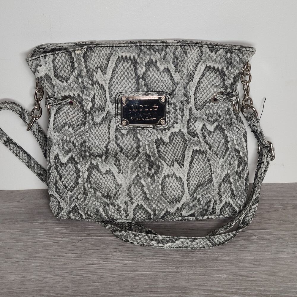 Nicole Miller Faux Snake Skin Shoulder Bag Gray White Pink Lining